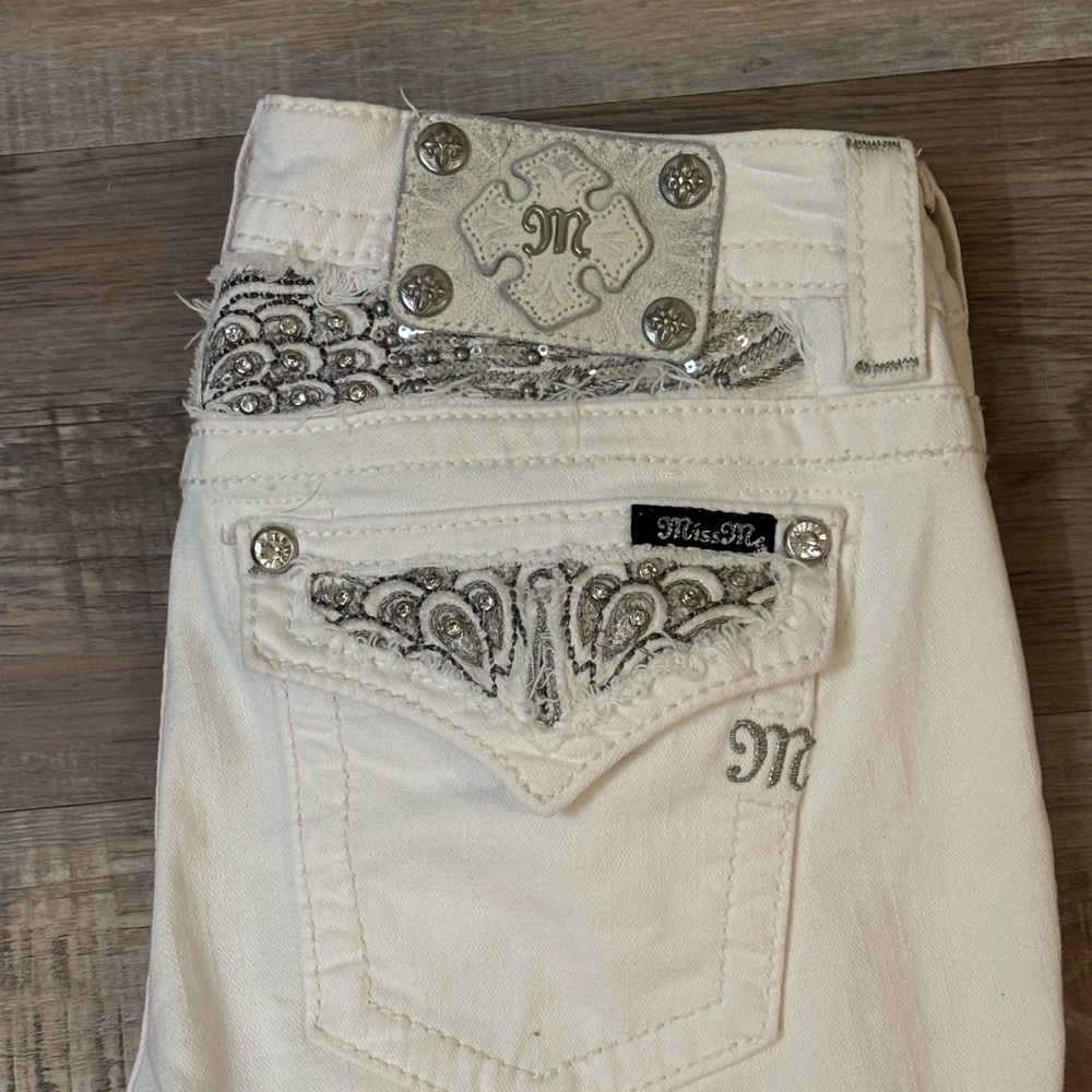 Miss Me White Boot Cut Jeans with Silver Accents